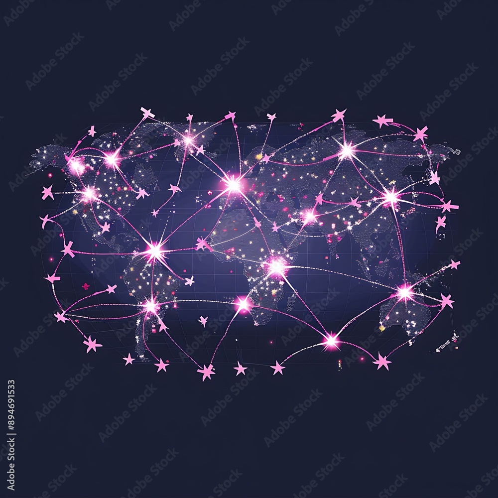 Fototapeta premium 6. A world map with pink ribbons connecting different countries, representing the global effort for Breast Cancer Awareness Month