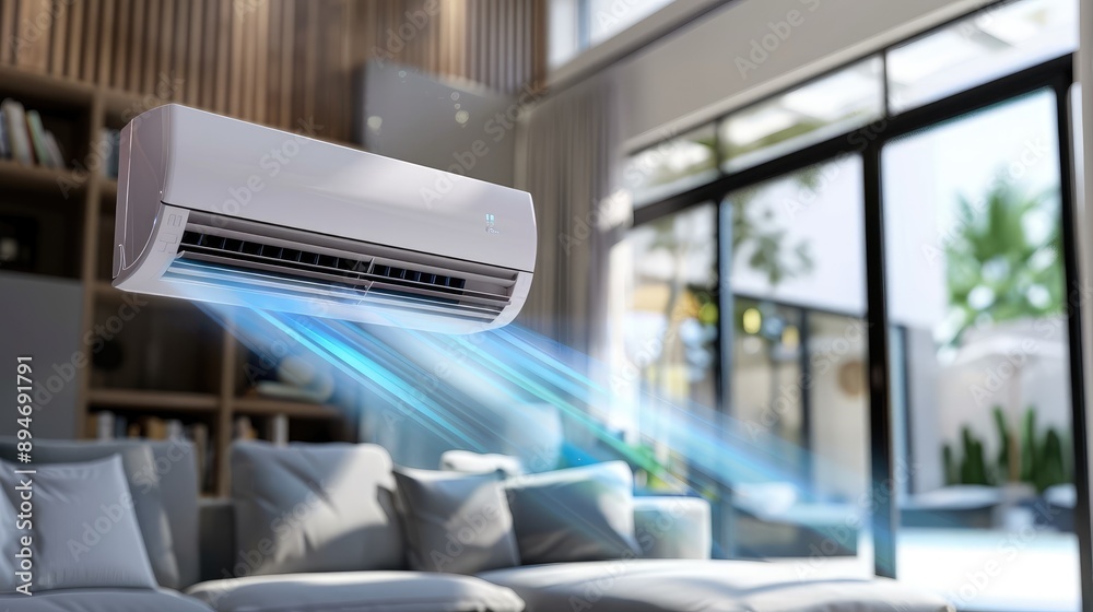 Energy efficient air conditioner with fresh natural in a modern living room. Generative AI Energy efficient air conditioner with fresh natural in a modern living room. Generative AI
