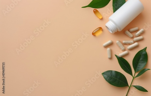 Pills and Leaves on a Peach Background