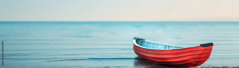 A solitary red rowing boat rests peacefully on the calm shore, reflecting in the tranquil waters under a clear sky, embodying serenity and solitude. A solitary red rowing boat rests peacefully on the calm shore, reflecting in the tranquil waters under a clear sky, embodying serenity and solitude.