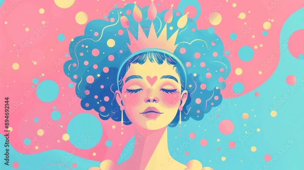 Whimsical illustration of a serene figure with a crown, closed eyes, in pastel colors and abstract background. Whimsical illustration of a serene figure with a crown, closed eyes, in pastel colors and abstract background.