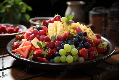 Dish of fresh fruits, pineapple, melon, grape, citrus, generated by AI, generative IA
