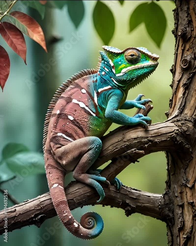 A vibrant chameleon perched on a tree branch with a blurred background of lush greenery, motion colorize  photo