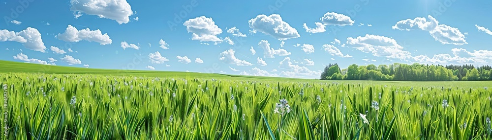 Fototapeta premium Springtime blooming green fields with vibrant flowers, seasonal splendor, countryside charm