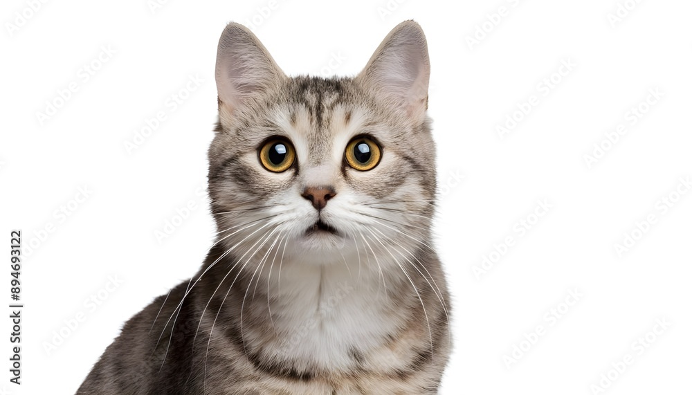 Closeup portrait happy cat sitting isolated on white background. Closeup portrait happy cat sitting isolated on white background.