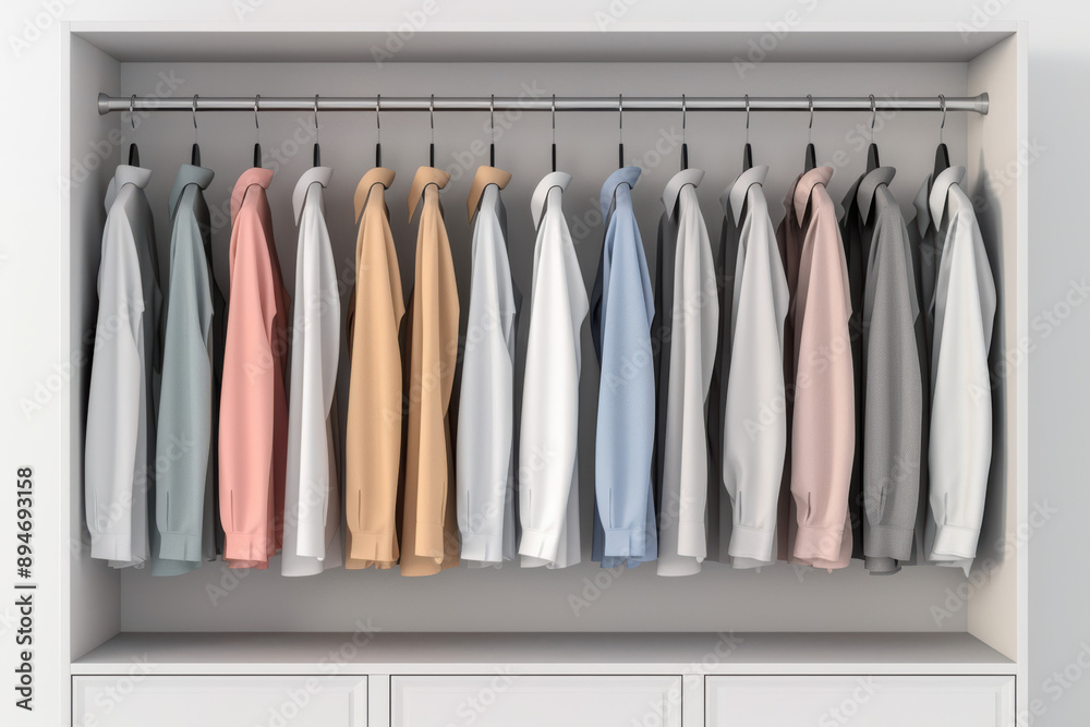 A neat row of various colored shirts hanging on a rack in a modern closet. Bright, organized, and stylish wardrobe storage solution. A neat row of various colored shirts hanging on a rack in a modern closet. Bright, organized, and stylish wardrobe storage solution.