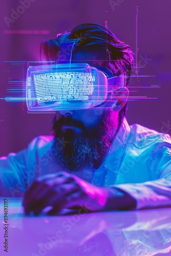 Sitting at his desk in a dark office, a young bearded man wearing virtual reality headset gesticulates and tests a new game photo