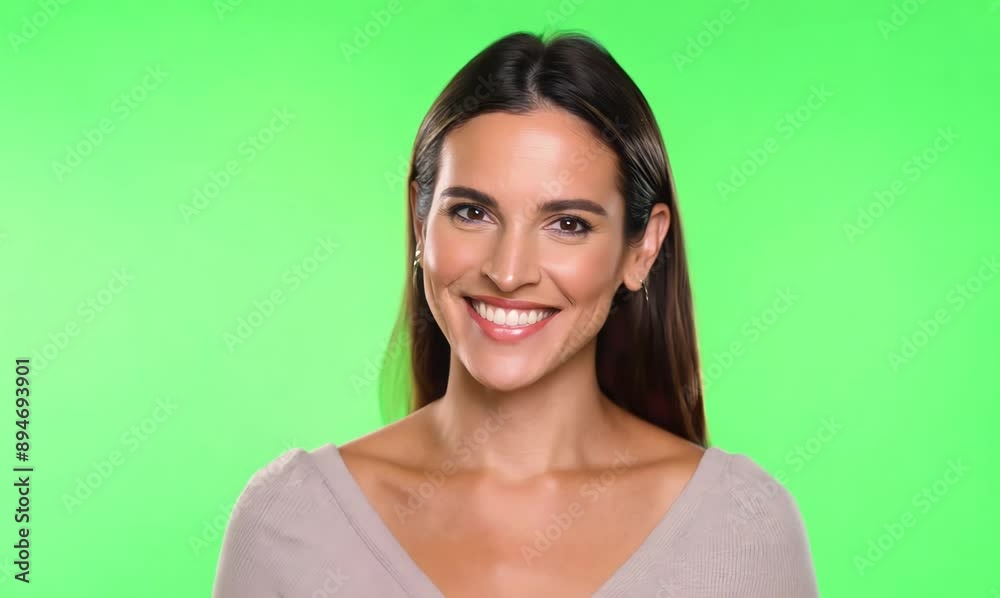 Portrait of a smiling young woman looking at camera on green background Portrait of a smiling young woman looking at camera on green background
