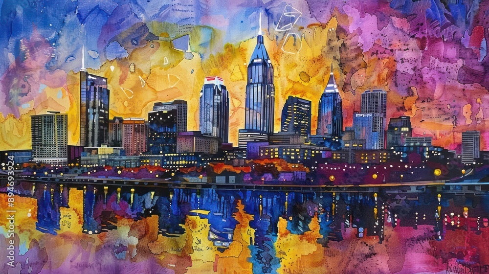 Fototapeta premium Watercolor Cityscape with Reflections