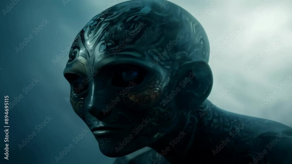 Mysterious tribal patterned statue head with intense gaze Mysterious tribal patterned statue head with intense gaze