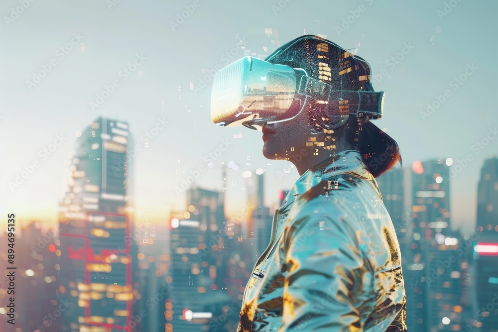 The woman is wearing a virtual reality simulator and touching the graph on the screen against a blue background The woman is wearing a virtual reality simulator and touching the graph on the screen against a blue background