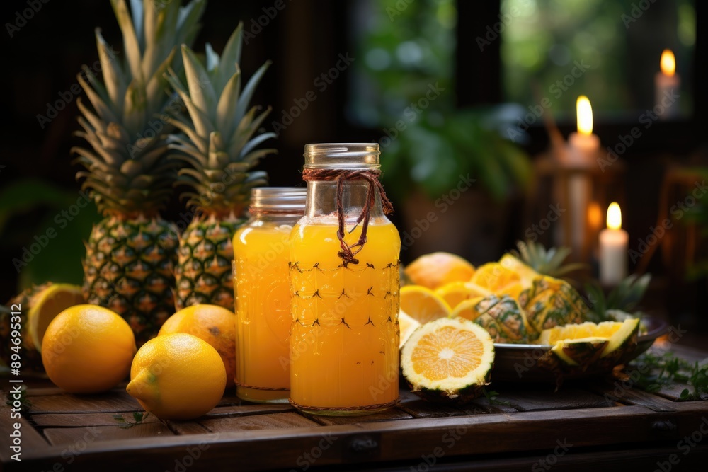 Pineapple juice in bottle on the wooden surface, generative IA Pineapple juice in bottle on the wooden surface, generative IA