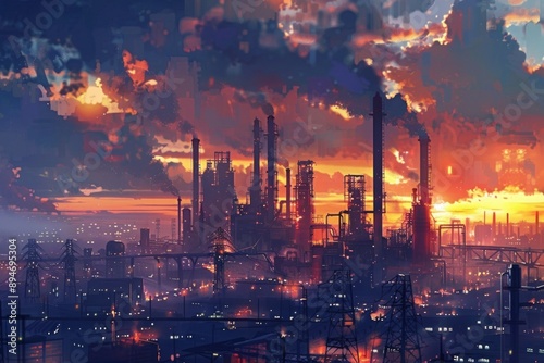 A sprawling industrial district as twilight sets in, with the sky painted in deep oranges and purples. Factory chimneys and complex machinery are silhouetted against the sky