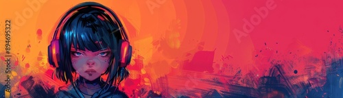 Vibrant digital art of a girl with headphones, set against an abstract, colorful background. Perfect for creative projects and technology themes.