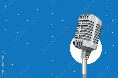 Vintage microphone on blue background of starry night sky and moon, with copy space