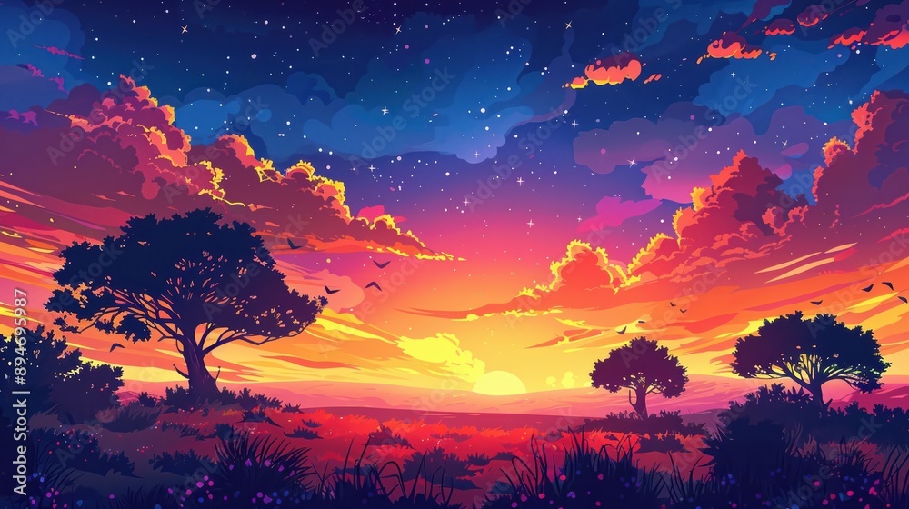 Colorful sunset sky with vibrant clouds and silhouettes of trees, creating a stunning and serene landscape at twilight. Colorful sunset sky with vibrant clouds and silhouettes of trees, creating a stunning and serene landscape at twilight.