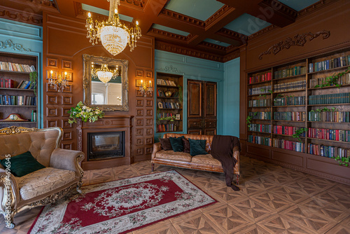 Luxury interior of home library. Sitting room with elegant furniture