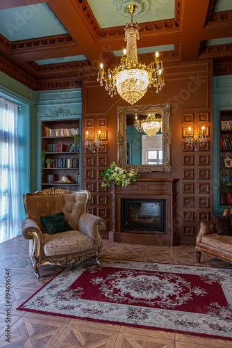 Luxury interior of home library. Sitting room with elegant furniture