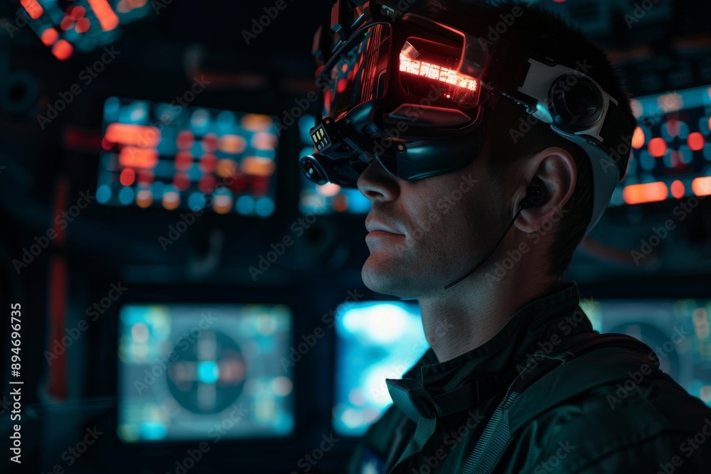 A soldier wears a virtual reality headset while sailing a ship. Military VR and AR and technology concept. High quality illustration. A soldier wears a virtual reality headset while sailing a ship. Military VR and AR and technology concept. High quality illustration.