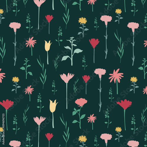 Seamless pattern with small flower branches on a blue field. Rustic ditsy print, gentle floral background with hand drawn flowers, leaves on branches. Vector illustration.