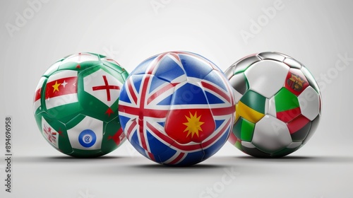 Create a realistic image featuring footballs with the flags of Italy, Spain, Albania, and Croatia. Arrange the balls to represent the European soccer teams in a group stage, emphasizing the national f photo