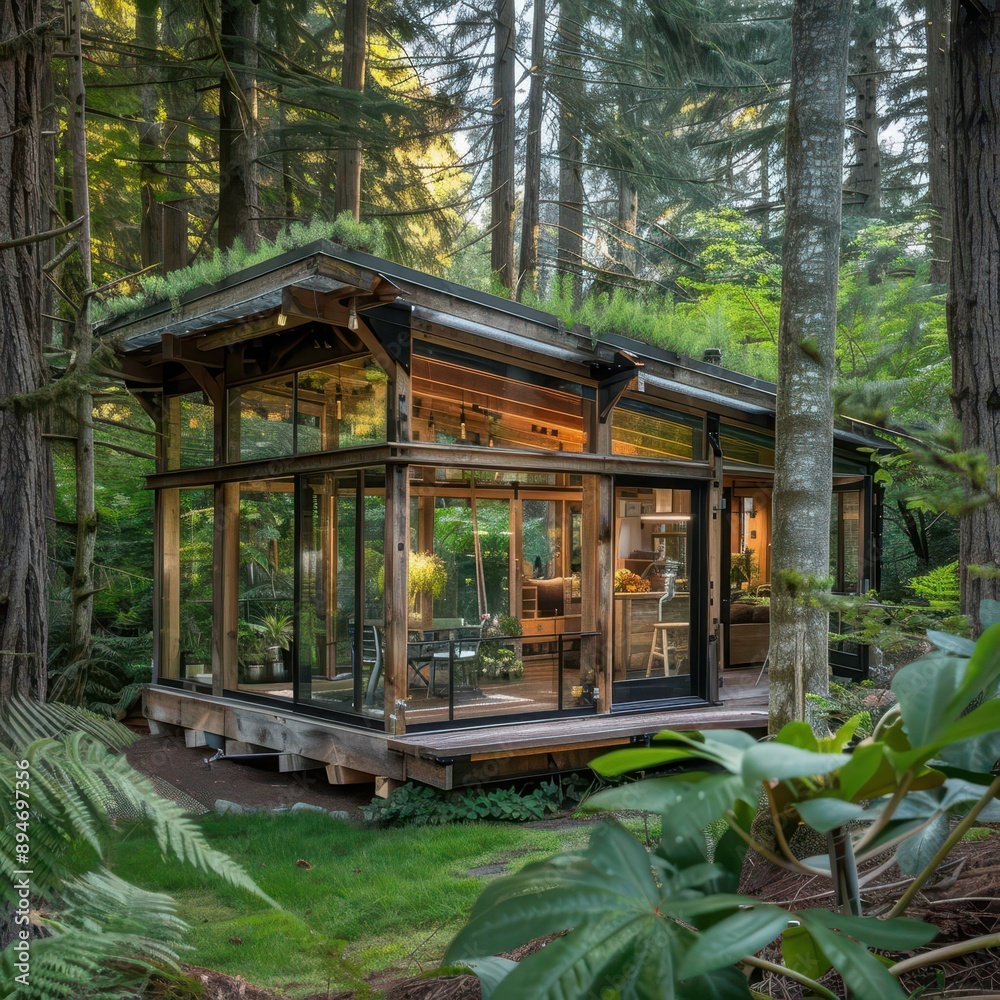 rustic tiny house nestled in a lush forest clearing sustainable design features living roof reclaimed wood exterior and large windows reflecting the surrounding nature cozy and ecofriendly rustic tiny house nestled in a lush forest clearing sustainable design features living roof reclaimed wood exterior and large windows reflecting the surrounding nature cozy and ecofriendly