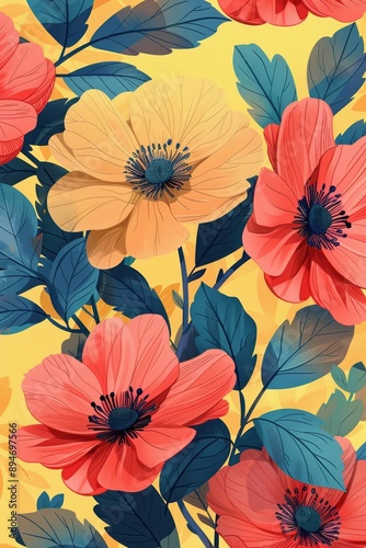 Wallpaper Mural Vibrant floral pattern with red and yellow flowers on a bright background, showcasing modern artistic design and colorful botanical elements. Torontodigital.ca