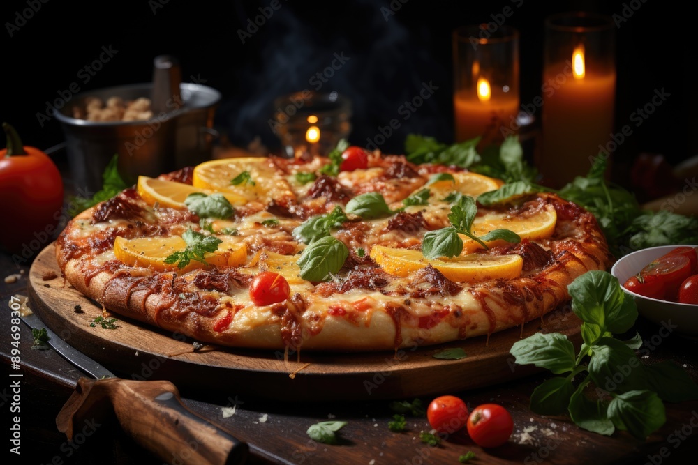 A pizza with pineapple and pineapple, generative IA A pizza with pineapple and pineapple, generative IA