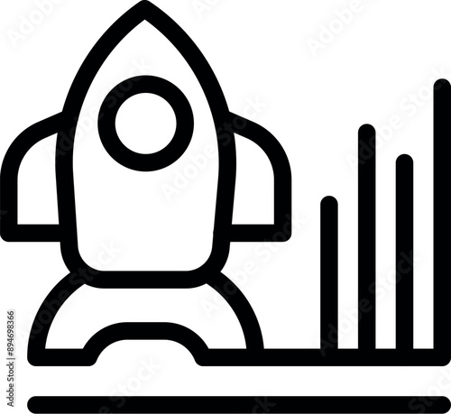 Line art icon of a spaceship taking off with growing chart bars, representing a succesful startup