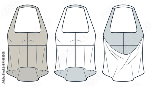  Halter Top technical fashion illustration. Square Neck Top fashion flat technical drawing template, relaxed fit, front and back view, white, beige, women CAD mockup set.