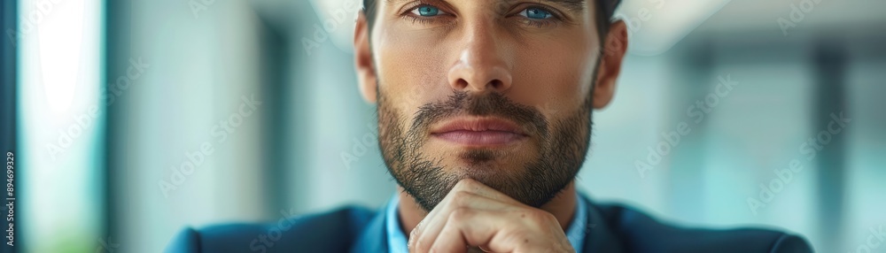 Obraz premium A thoughtful businessman pondering a decision, showcasing professionalism and confidence in a modern office setting.
