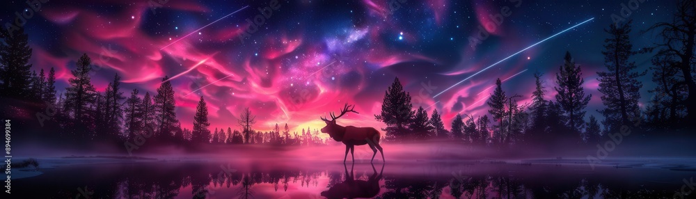 Elk grazing under starstudded sky with meteorite trails, serene wilderness scene with a touch of cosmic wonder Elk grazing under starstudded sky with meteorite trails, serene wilderness scene with a touch of cosmic wonder