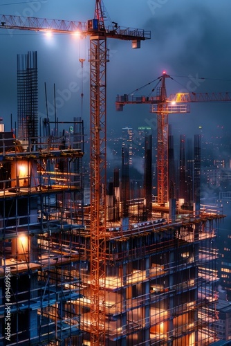 Skyscraper Construction Site. A skyscraper under construction, with towering cranes and scaffolding lit by powerful work lights. The city's lights twinkle in the background.