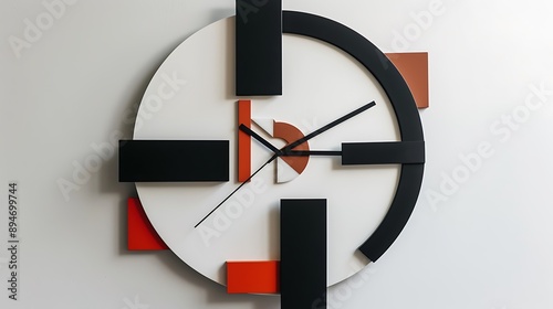 Contemporary wall clock with an asymmetrical design and bold color contrasts photo