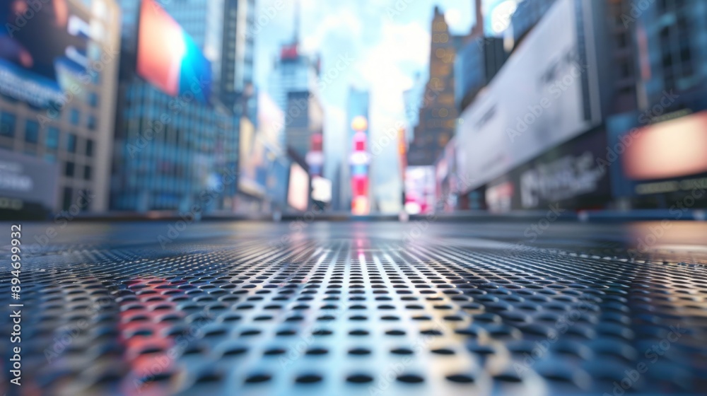 A close-up of a metal grate in a busy city street with blurred buildings and signage in the background. A close-up of a metal grate in a busy city street with blurred buildings and signage in the background.
