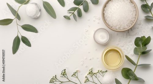 Salt and Oil With Eucalyptus Leaves on White Background