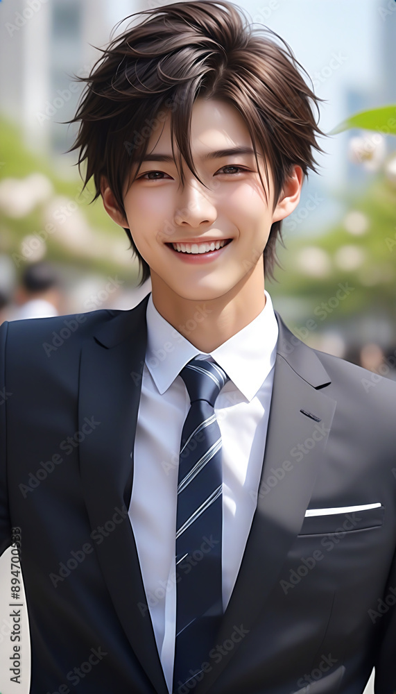 A smiling young handsome man in a business suit. Image of a new member of society. ビジネススーツを着た笑顔の若いイケメンな男性。新社会人のイメージ。 A smiling young handsome man in a business suit. Image of a new member of society. ビジネススーツを着た笑顔の若いイケメンな男性。新社会人のイメージ。