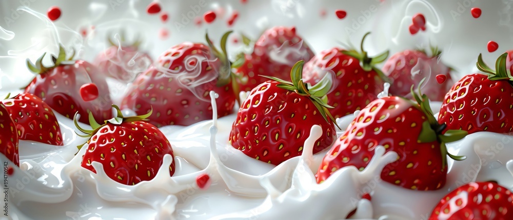 Smooth milk splash with plenty of copy space, enhanced with floating strawberries and smoke for a professional template Smooth milk splash with plenty of copy space, enhanced with floating strawberries and smoke for a professional template