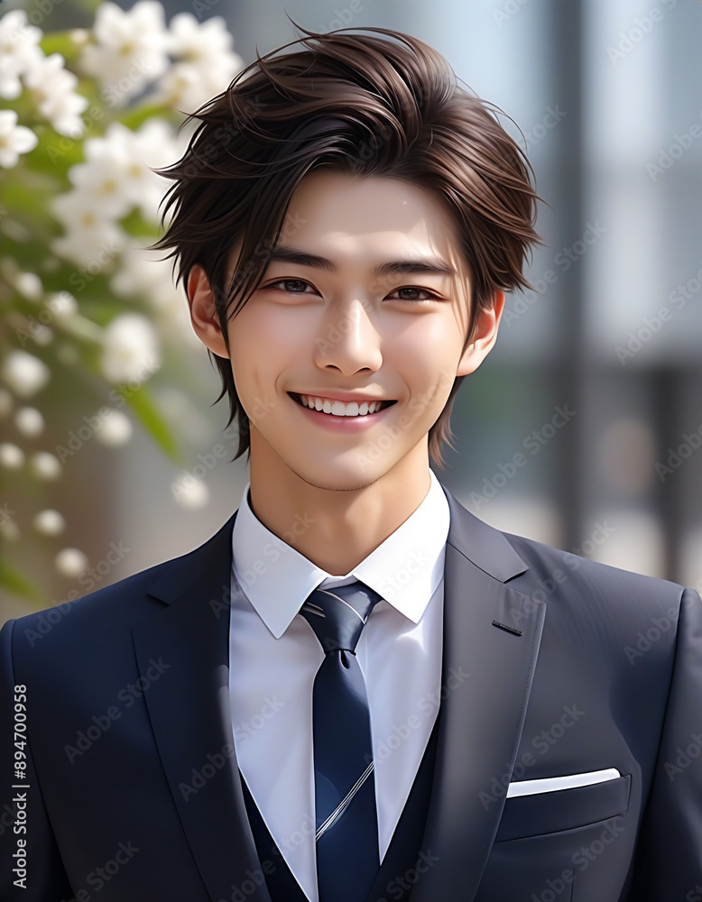 A smiling young handsome man in a business suit. Image of a new member of society. ビジネススーツを着た笑顔の若いイケメンな男性。新社会人のイメージ。 A smiling young handsome man in a business suit. Image of a new member of society. ビジネススーツを着た笑顔の若いイケメンな男性。新社会人のイメージ。