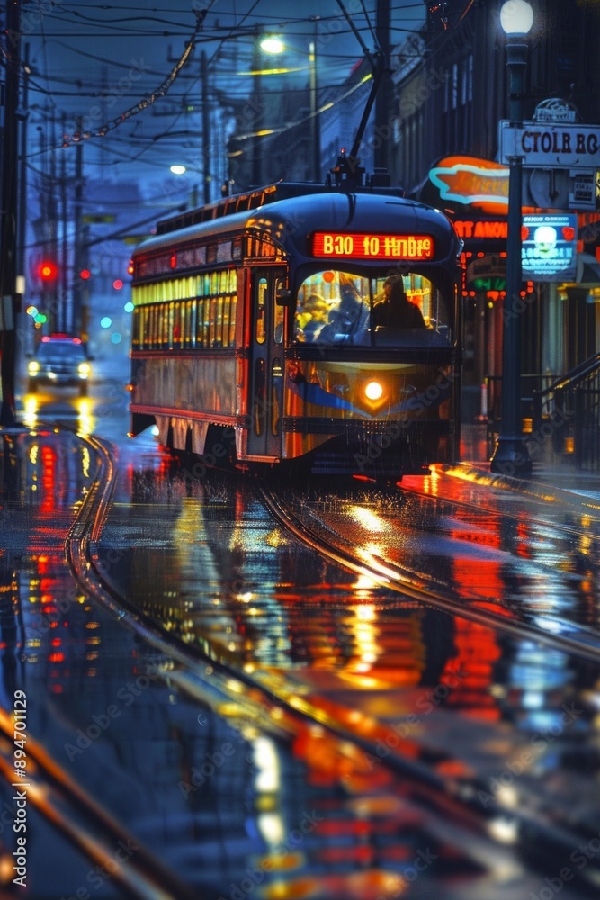 Obraz premium A classic streetcar making its way through a rain-soaked city street at night. Reflections of neon signs and streetlights shimmer on the wet pavement