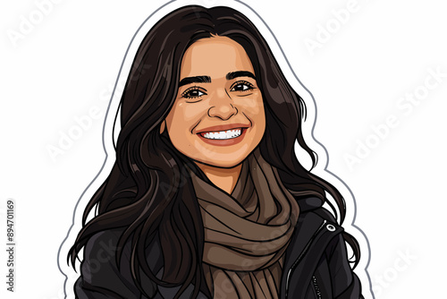 Smiling Woman Cartoon Portrait: A cheerful cartoon portrait of a woman with long dark hair, wearing a scarf and jacket,  smiling warmly.  