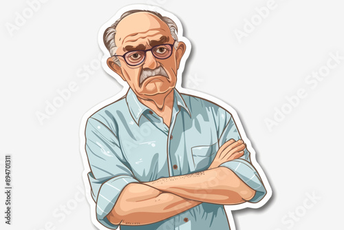 Grumpy Old Man Cartoon Illustration: A vintage-style cartoon of an older man with a grumpy expression, arms crossed, and a skeptical look in his eyes.  The illustration captures the essence of a grump