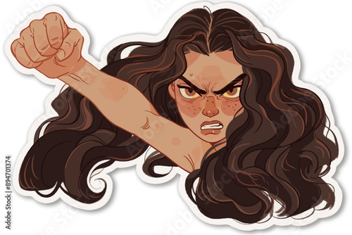 Fierce Determination: A woman with long brown hair and a determined expression punches forward, showcasing strength and resilience in a vibrant illustration.  