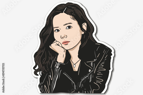 Contemplative Cool: A young woman with flowing dark hair, adorned in a black leather jacket, exudes an aura of quiet confidence and introspection.