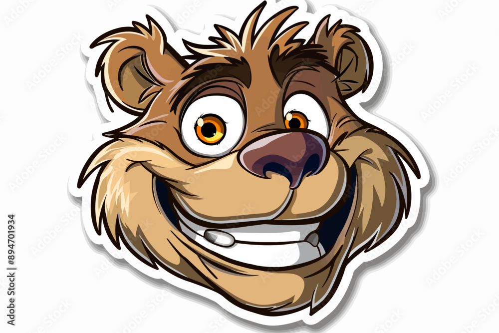 Grinning Grizzly Sticker: A cartoon bear beams with infectious joy, ready to bring a dose of wilderness cheer to designs. Grinning Grizzly Sticker: A cartoon bear beams with infectious joy, ready to bring a dose of wilderness cheer to designs.