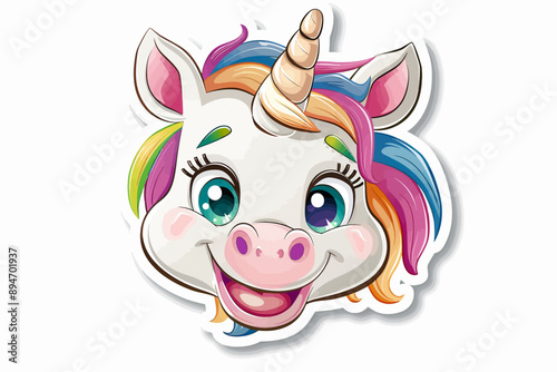 Rainbow Sparkle Unicorn: A whimsical illustration of a cheerful unicorn face, radiating joy and magic with its vibrant rainbow mane and sparkling eyes. 