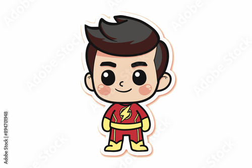 Mini Superhero Ready for Action: An adorable cartoon boy dressed as a superhero, radiating charm and bravery in a vibrant sticker style. Perfect for children's designs and playful projects. 