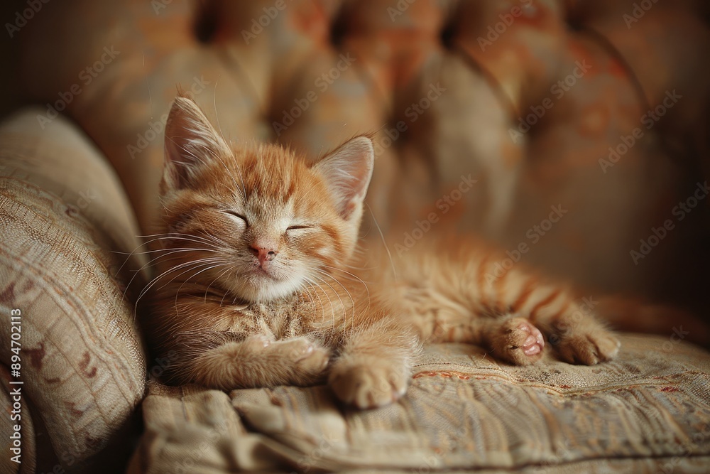 A ginger kitten is peacefully asleep on a cozy, tufted couch cushion A ginger kitten is peacefully asleep on a cozy, tufted couch cushion