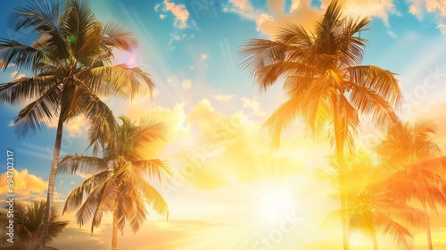 Tropical Sunset Paradise with Palm Trees and Radiant Sky