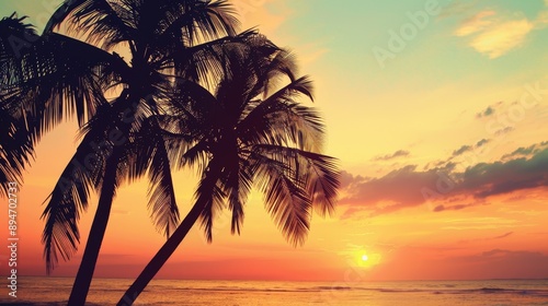 Tropical Sunset Silhouette with Palm Trees by Ocean